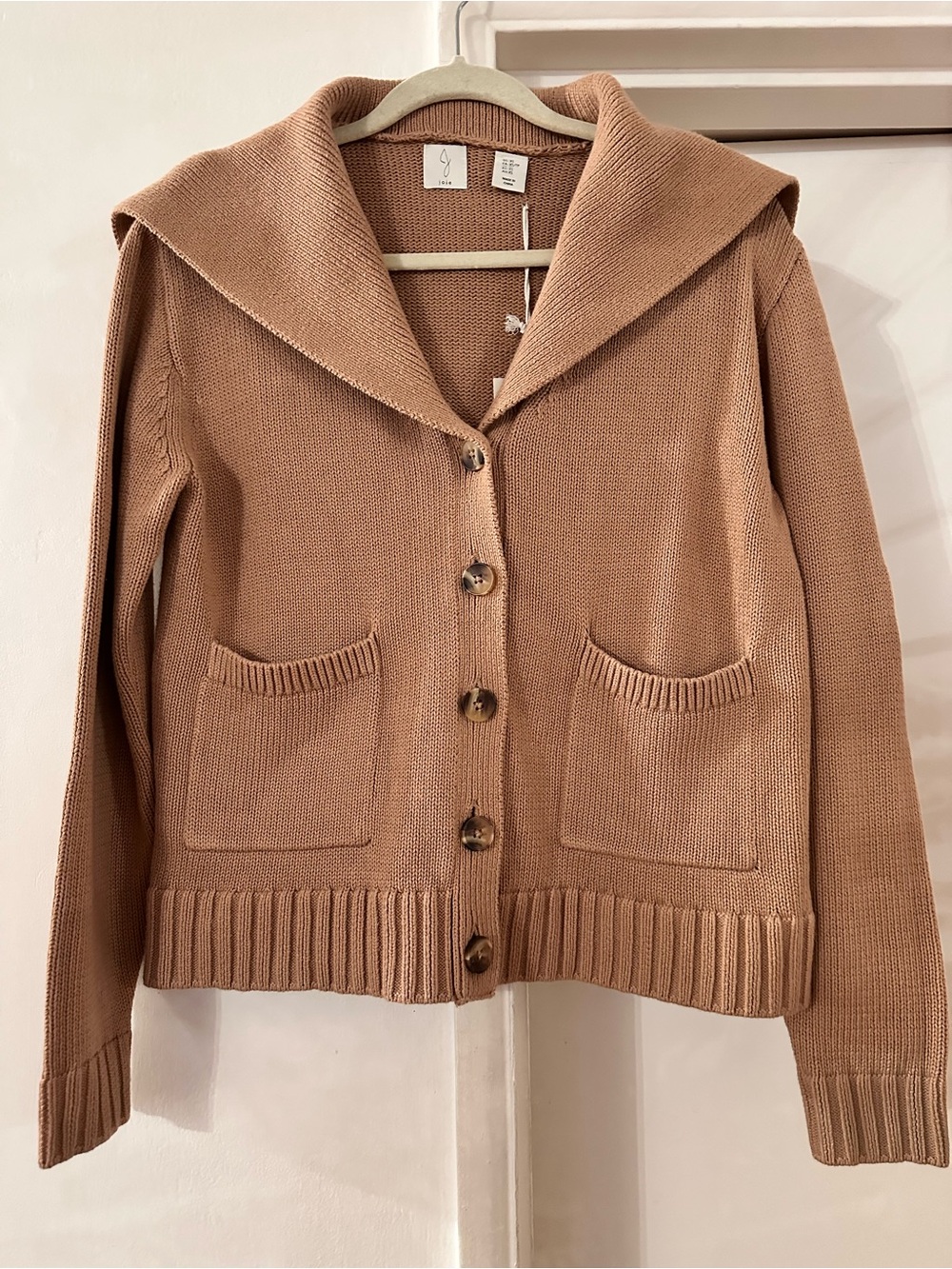 Joie Camel Knit Shawl-Collar Button Cardigan